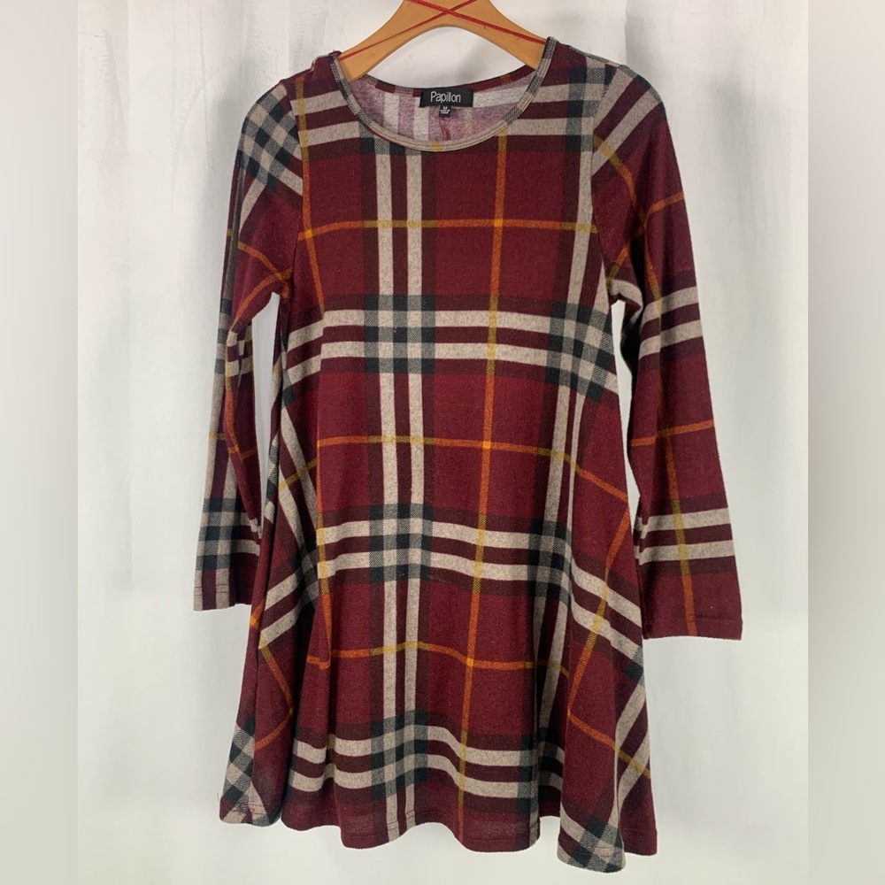 Plaid Pullover Short Dress with Pockets Burgundy Grey Black Gold  Women’s Size M
